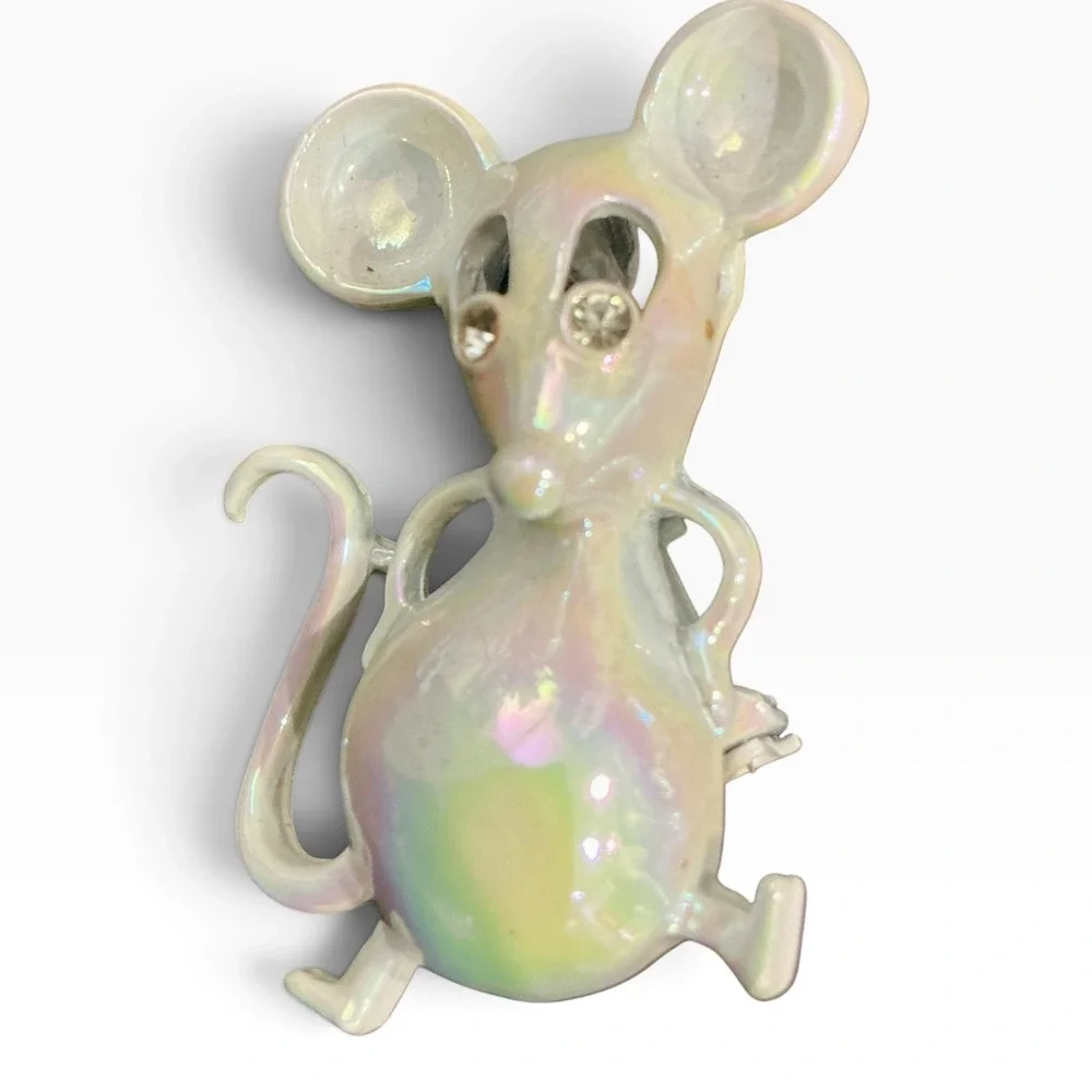 Vintage Gerry's Mouse Brooch Lot Iridescent White Enamel Rhinestone Eyes 3 Pc